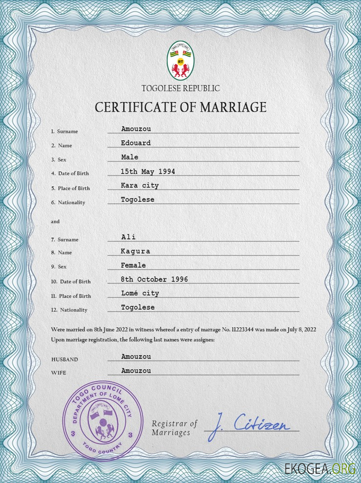 Modèle PSD de certificat de mariage au Togo